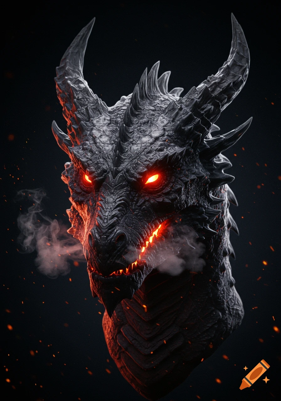 Close-up of a menacing black dragon head with glowing red eyes, sharp horns, and smoke emanating from its mouth.