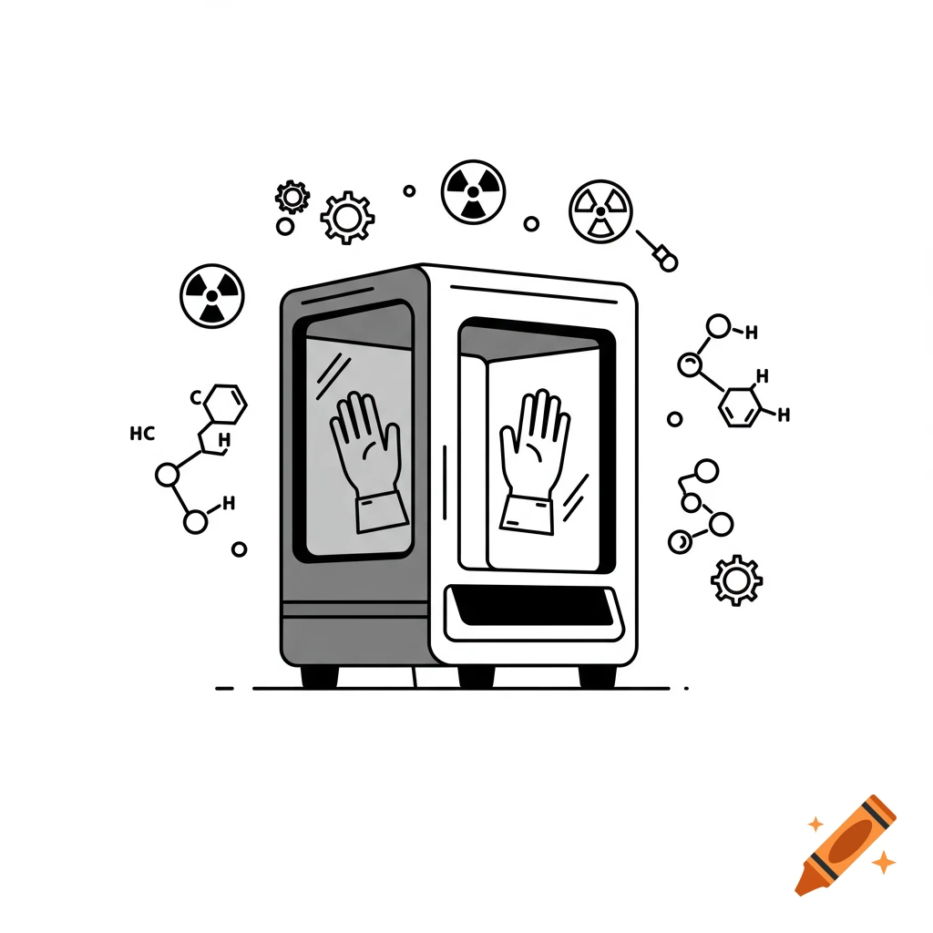 Black and white infographic icon of a nuclear glovebox with hands, surrounded by radiation symbols and chemical structures.