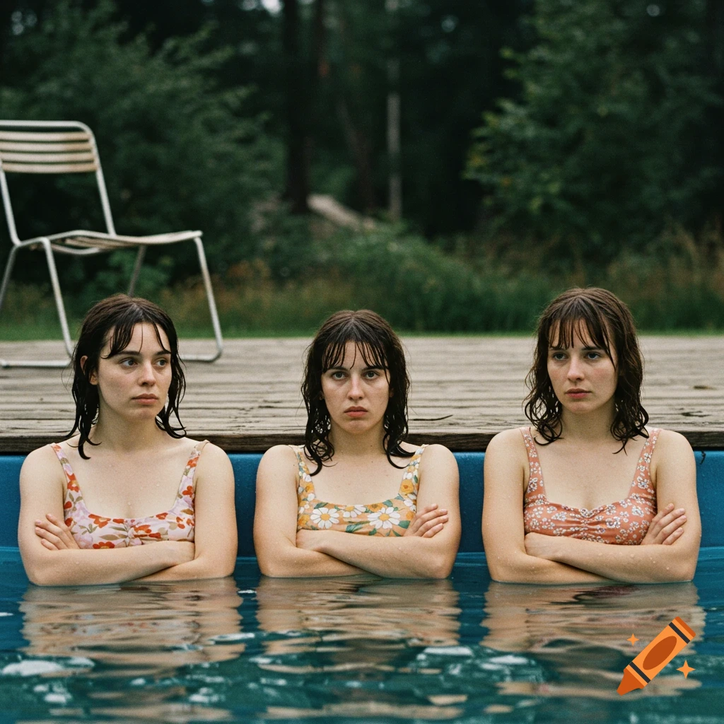 Three miserable-looking women with wet hair and bangs in floral swimsuits are partially submerged in an outdoor pool, arms crossed.
