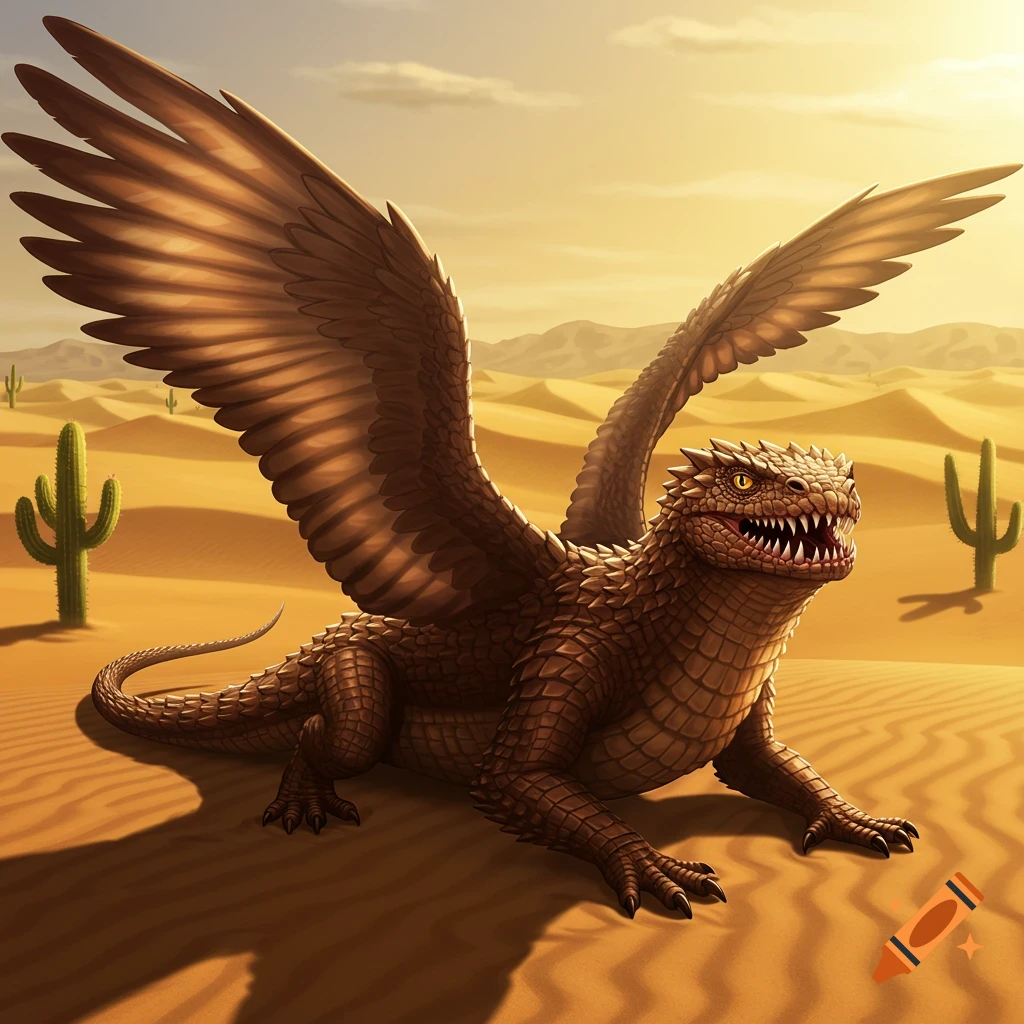 A brown-scaled, winged desert dragon with sharp teeth stands in a sunny desert with cacti and sand dunes.