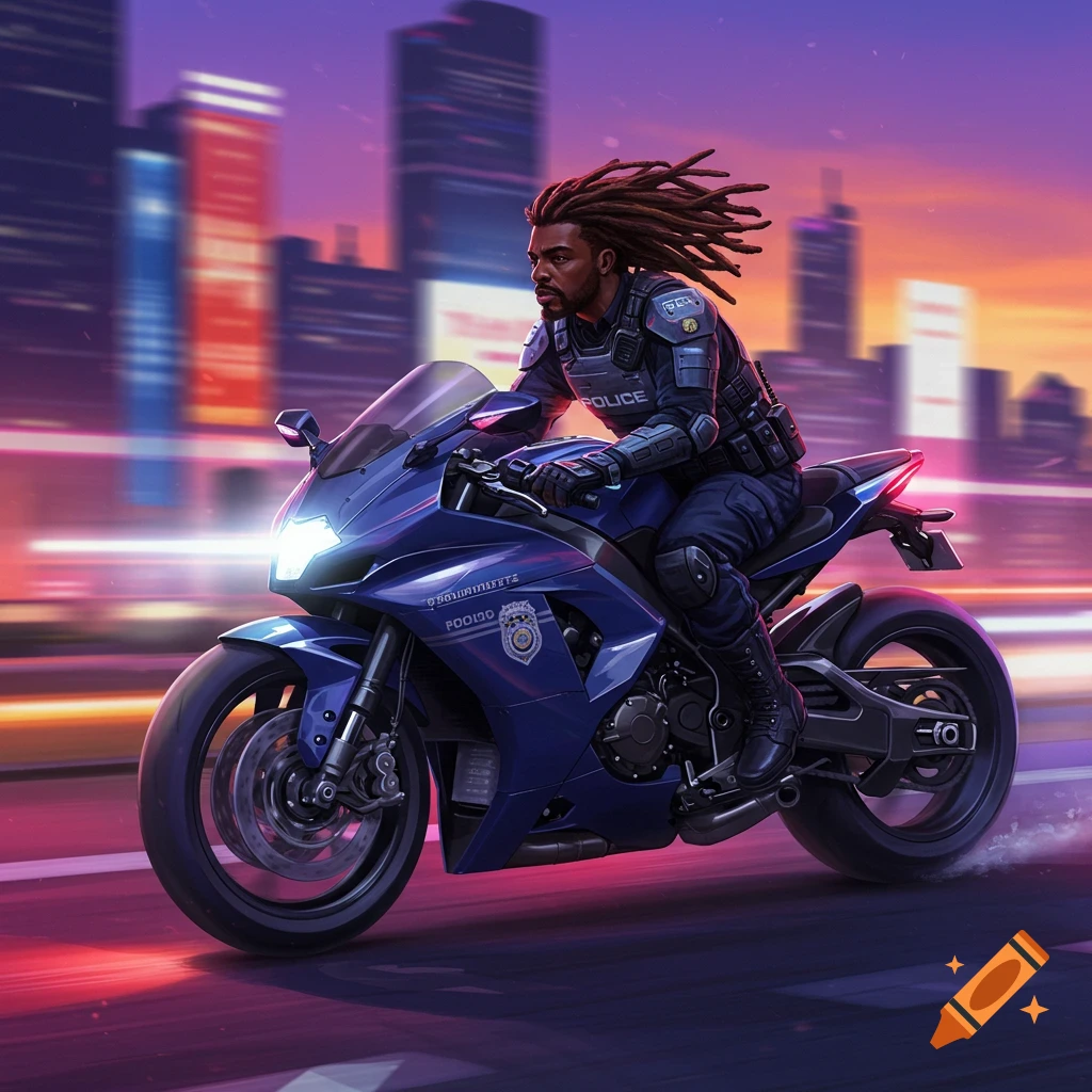 An illustration of an African American police officer with dreadlocks riding a blue super sport motorcycle through a city at sunset.