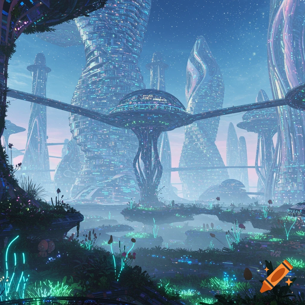 A vibrant, futuristic city with towering, illuminated buildings and glowing bioluminescent plants in the foreground, under a starry sky.