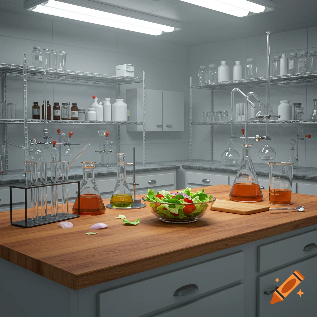 A laboratory counter with a bowl of salad, various beakers, flasks, and test tubes filled with liquids, suggesting food analysis.