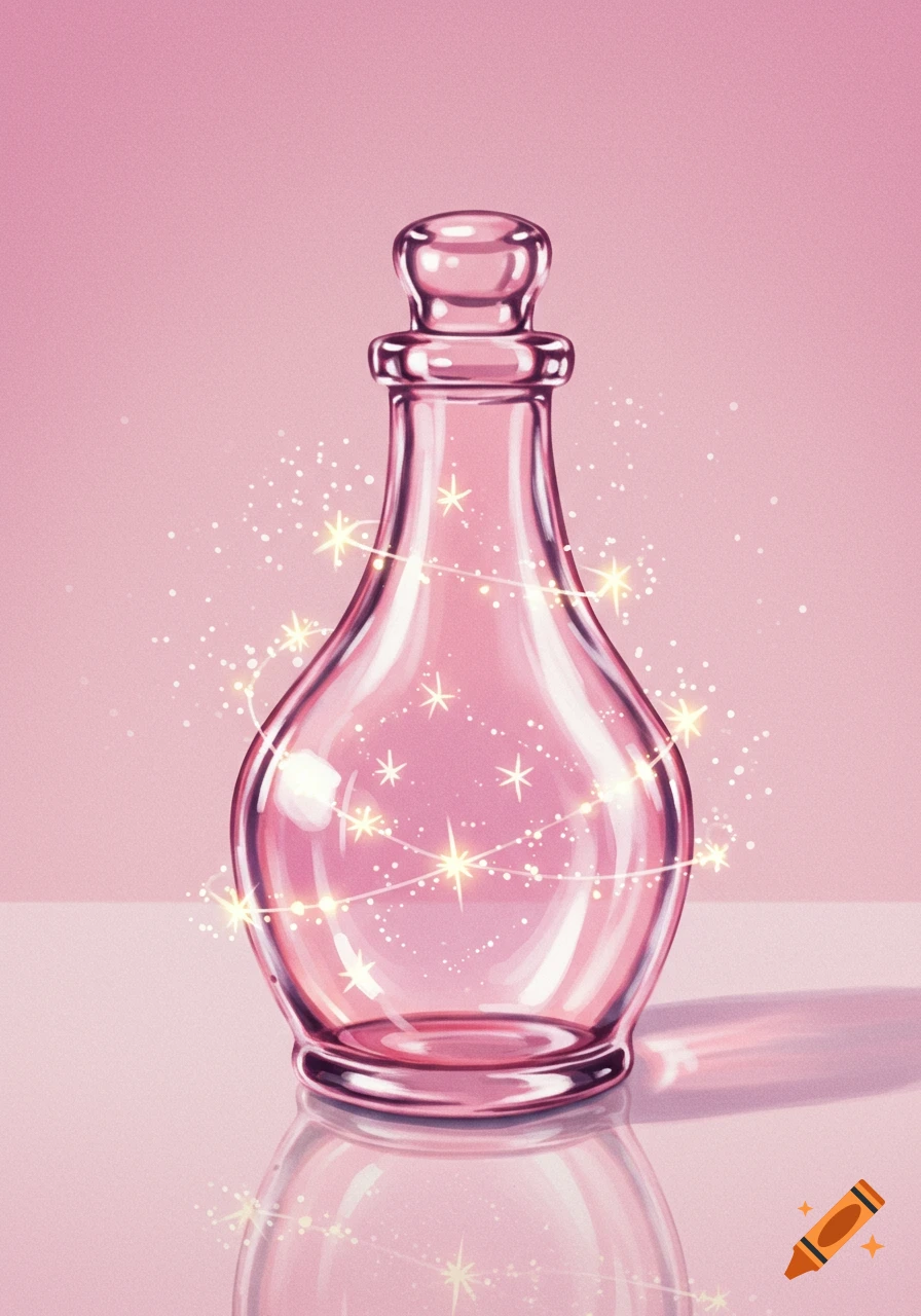A pink glass bottle with a stopper, surrounded by sparkling gold stars, on a reflective pink surface in a digital illustration.