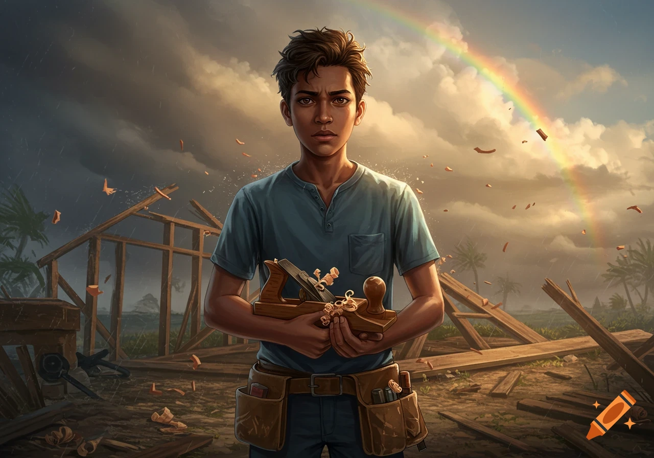 A serious young boy holds a woodworking plane, standing in hurricane debris under a clearing stormy sky with a rainbow.
