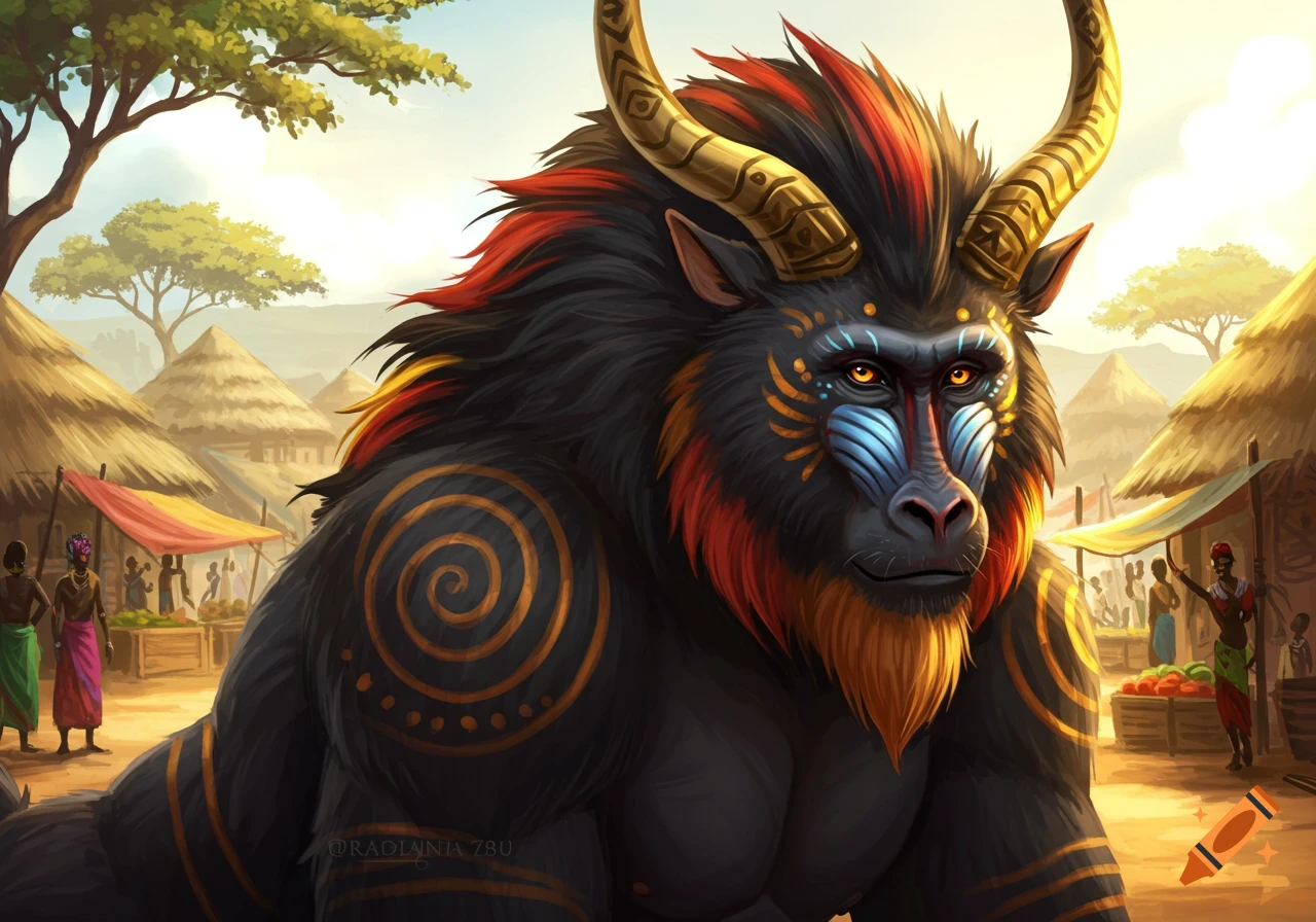 A majestic, muscular fantasy primate with black fur, colorful markings, and golden horns stands in an African village.