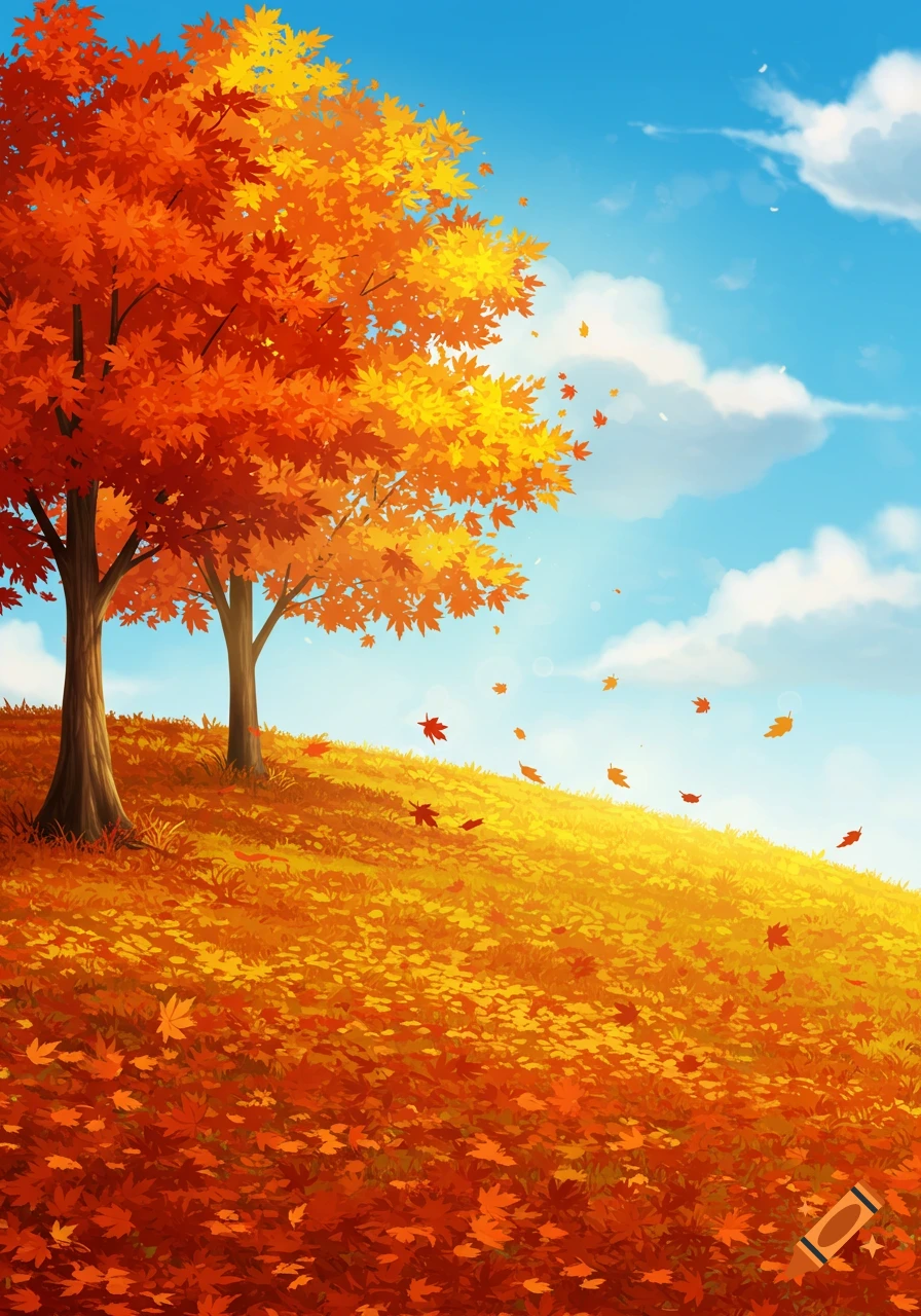 Vibrant illustration of two trees with orange and yellow autumn leaves on a sunny hill covered in fallen leaves under a blue sky.