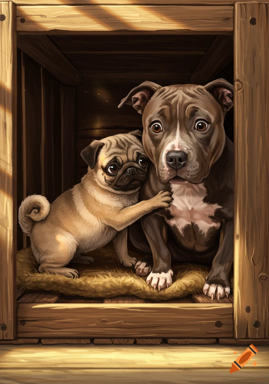 An illustration of a small pug hugging a large, scared pitbull inside a rustic wooden crate.