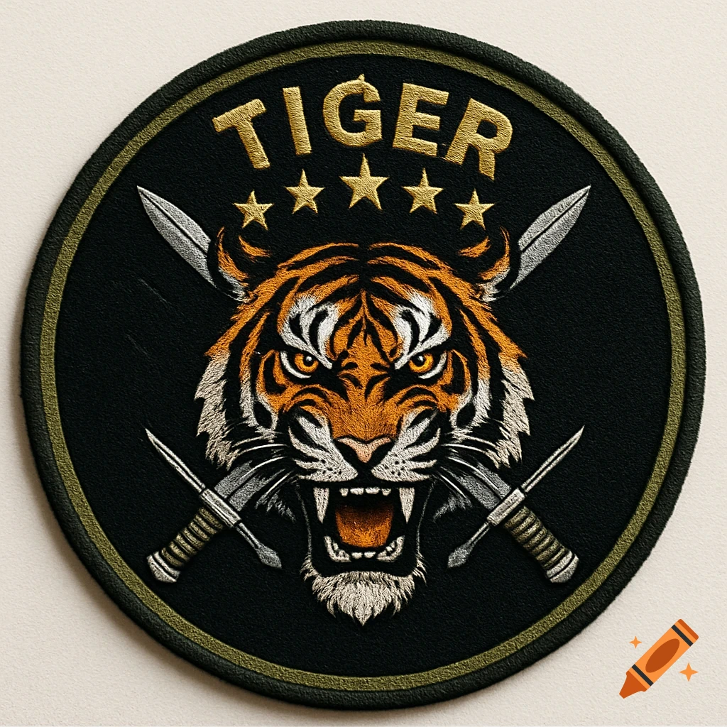 Circular embroidered military patch featuring a roaring tiger head, crossed knives, five gold stars, and the word TIGER.