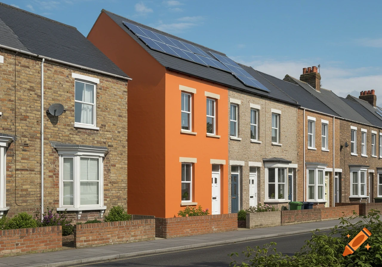 A renovated orange row house with solar panels stands among older brick houses on a sunny street.