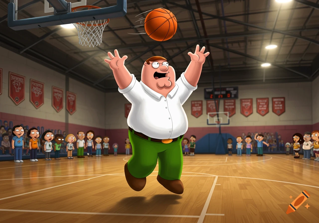 Peter Griffin, a cartoon character, jumps in a basketball gym, attempting a shot while spectators watch.