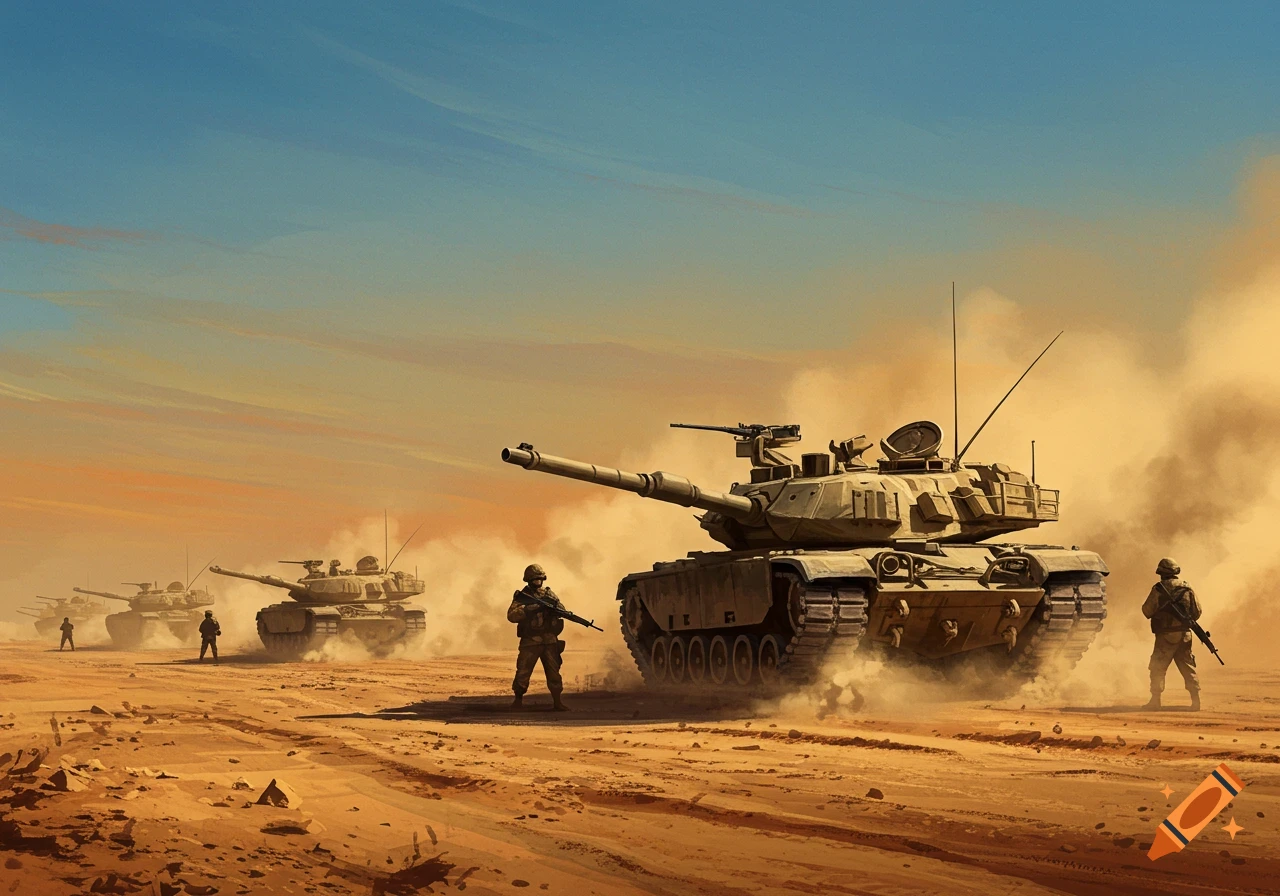 US armored brigade with tanks and soldiers advancing through a dusty desert under a vast sky, in an artistic style.