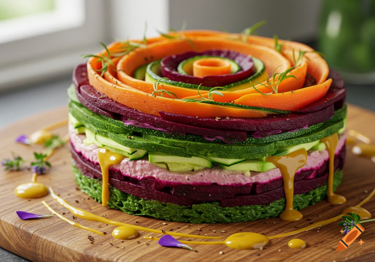A layered vegetable 'cake' featuring spiral-cut carrots, beets, and zucchini, with pink filling, yellow sauce drips, and herbs on a wooden board.