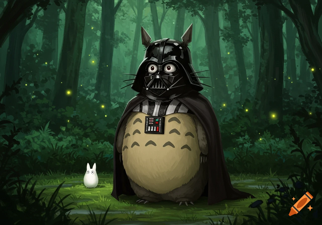 An illustrated Totoro character dressed as Darth Vader stands in a dark forest with fireflies, next to a small white Totoro.