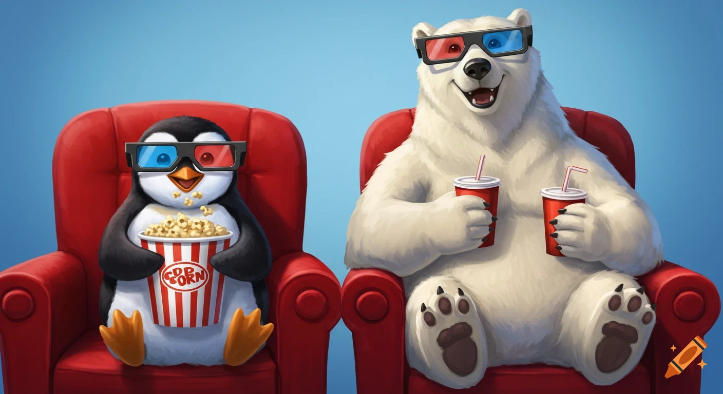 A cute cartoon penguin and polar bear wearing 3D glasses sit in red cinema chairs, happily eating popcorn and drinking soda.