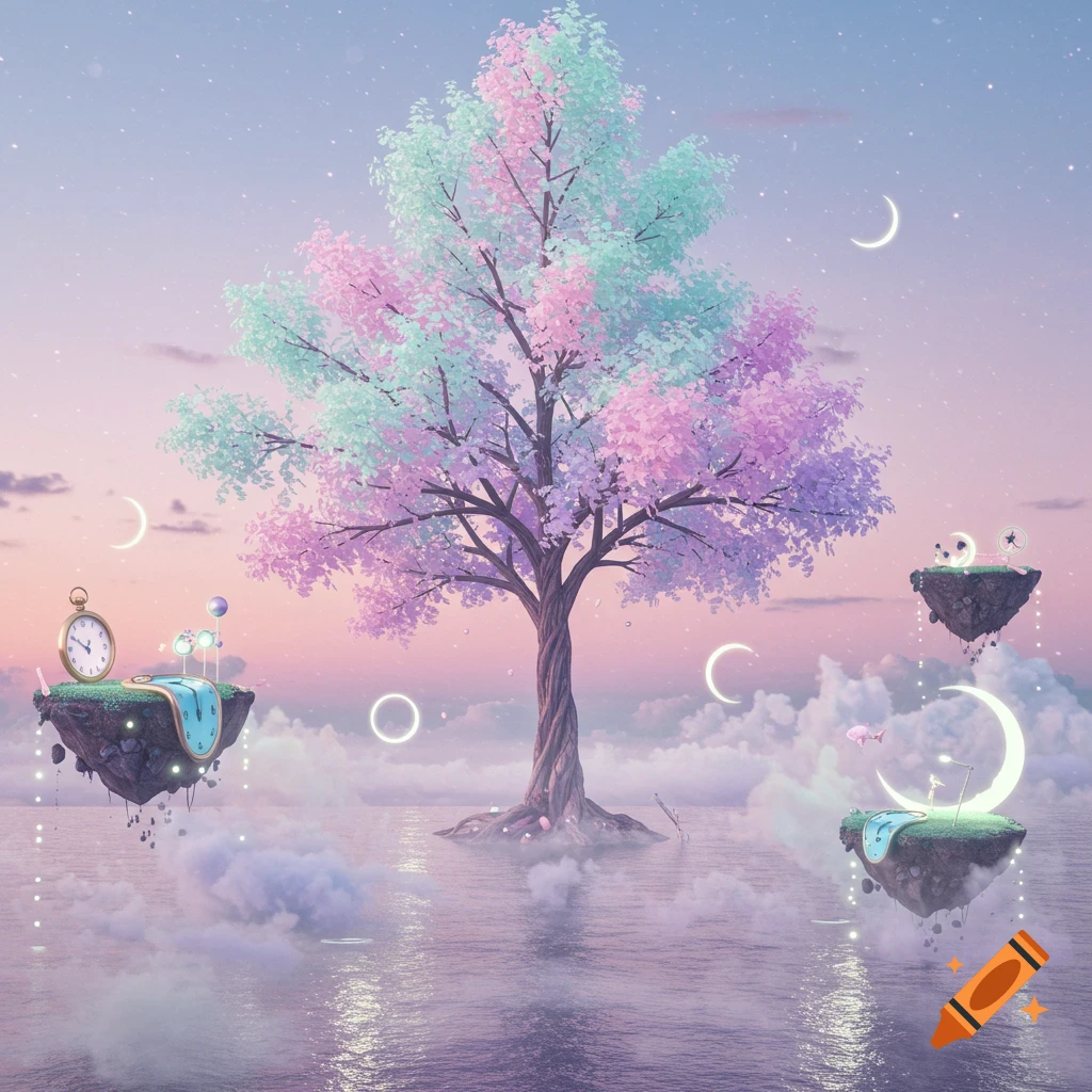 A pastel-colored fantasy landscape with a large tree on an island, floating islands with clocks, and glowing elements over calm water under a starry, dreamlike sky.