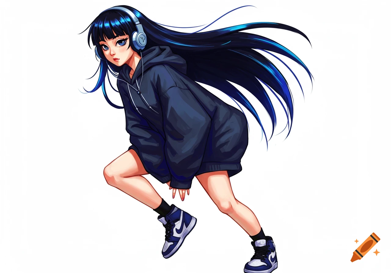 Anime girl with long dark hair, headphones, oversized hoodie, shorts, and blue Air Jordans, running on white.