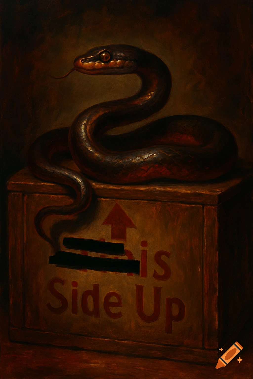 A dark oil painting of a brown snake coiled on a wooden box, which has an "Up" arrow and the words "is Side Up" with some text redacted by black bars.