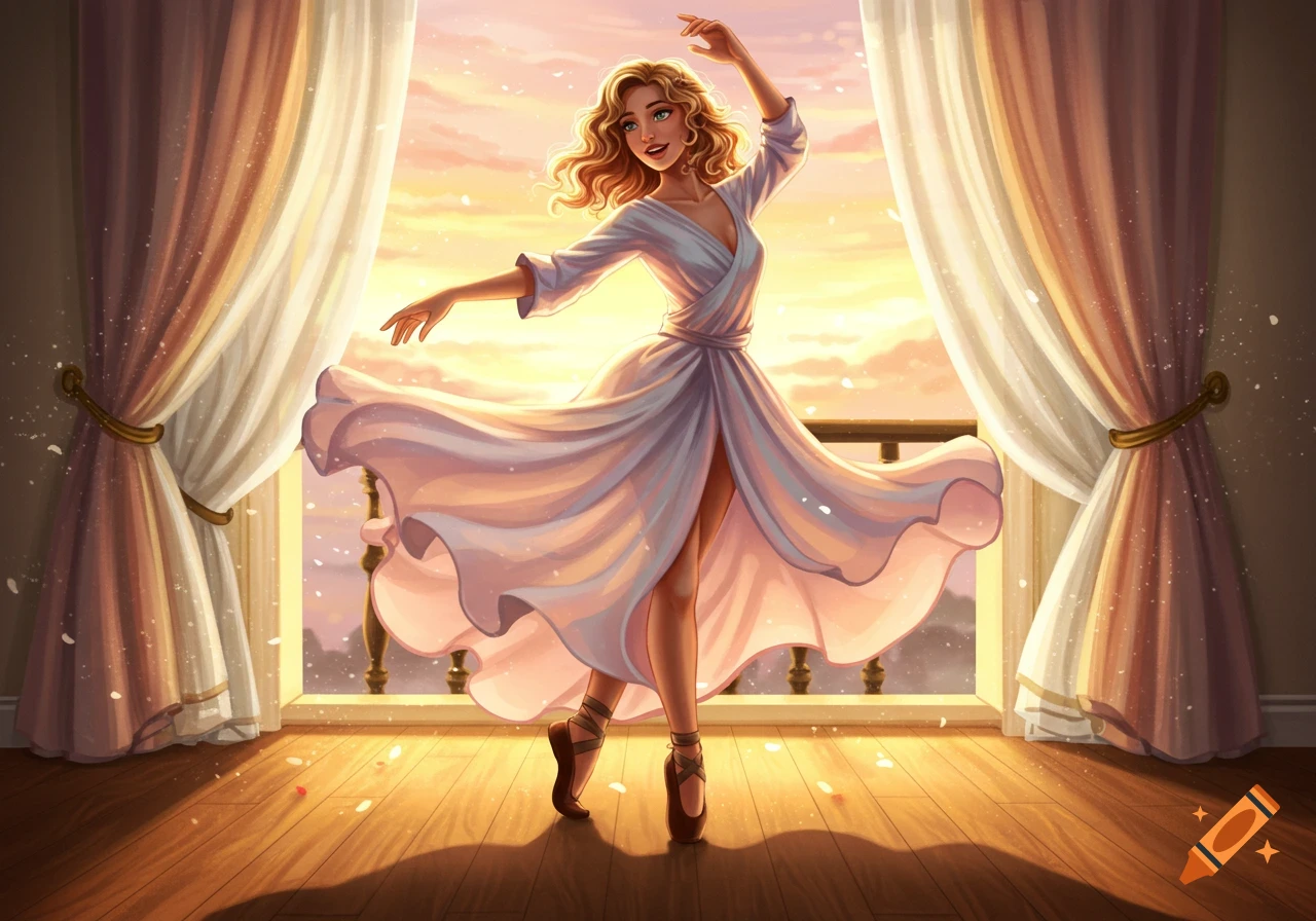 An illustration of a woman in a flowing white dress dancing by a window with curtains, against a vibrant sunset.