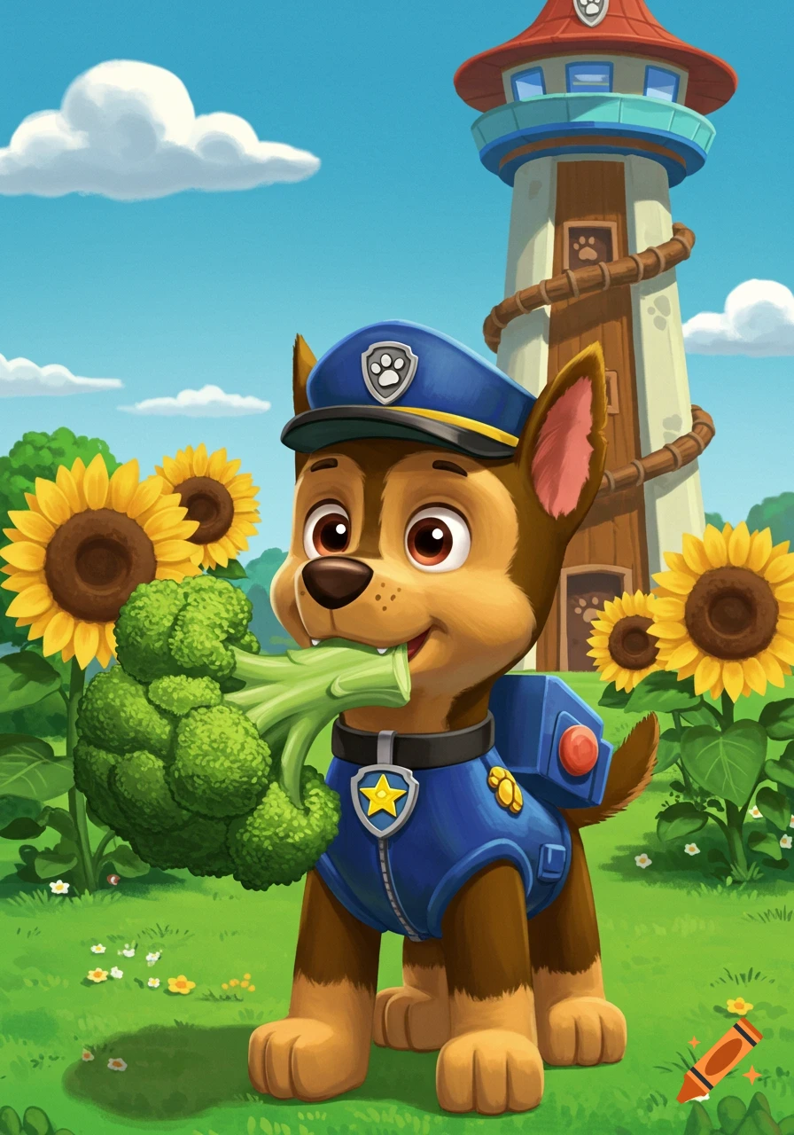 Cartoon police dog Chase from Paw Patrol in a field with sunflowers, happily holding a large broccoli in his mouth.