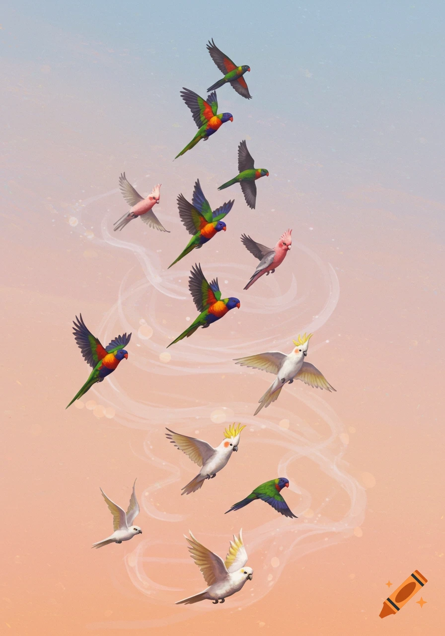 Australian birds like rainbow lorikeets, galahs, and cockatoos fly in an upward spiral pattern against a pink-orange and pale blue gradient sky in an illustration.