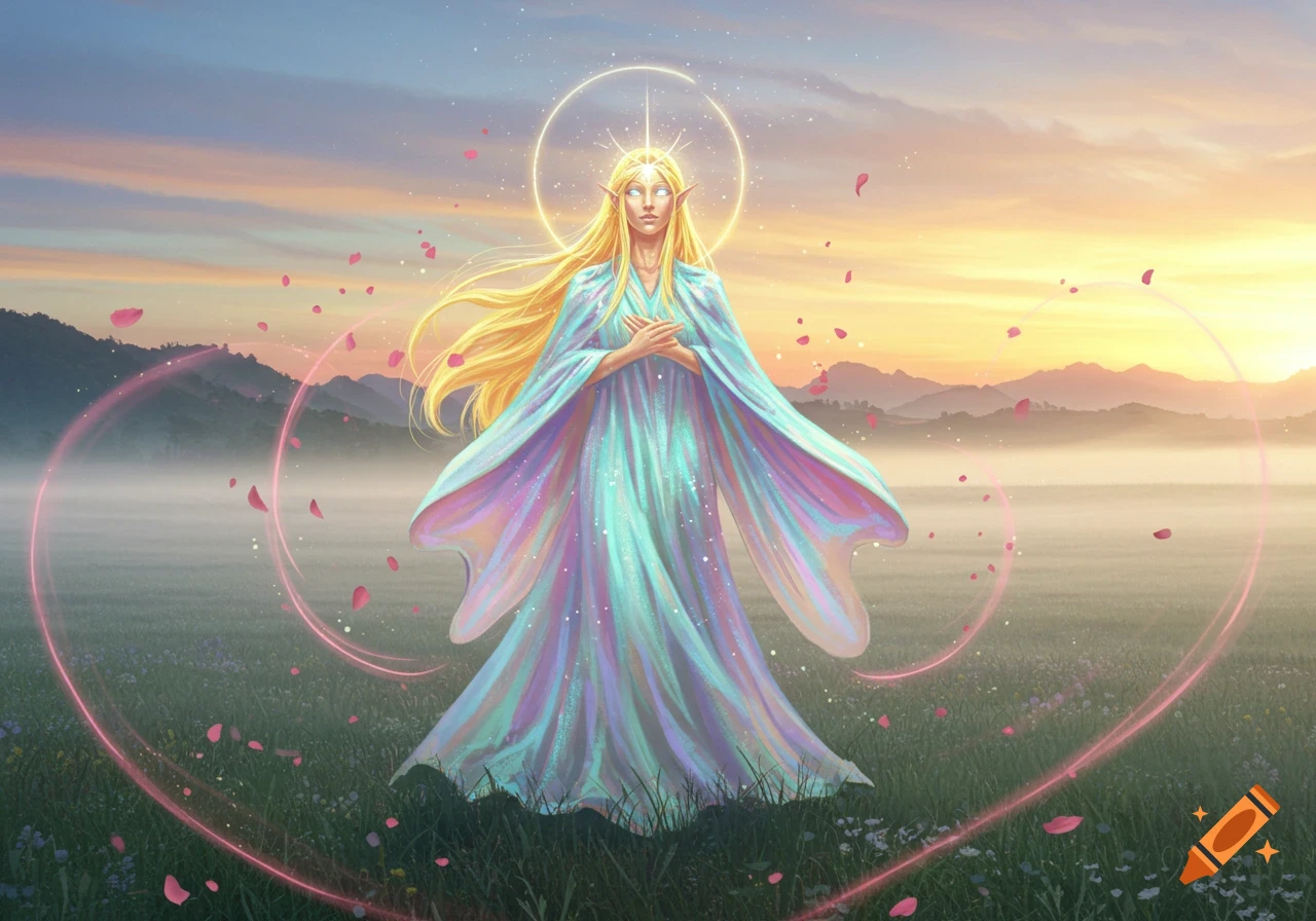 Ethereal elf-like woman with long blonde hair, glowing eyes, and a halo, in an iridescent robe, stands in a misty meadow at sunrise with swirling rose petals.