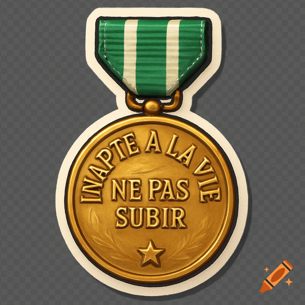 Gold round medal with a green and white striped ribbon, featuring the text "INAPTE \u00c0 LA VIE" and "NE PAS SUBIR", a star, and laurel leaves, in a stylized sticker art style.