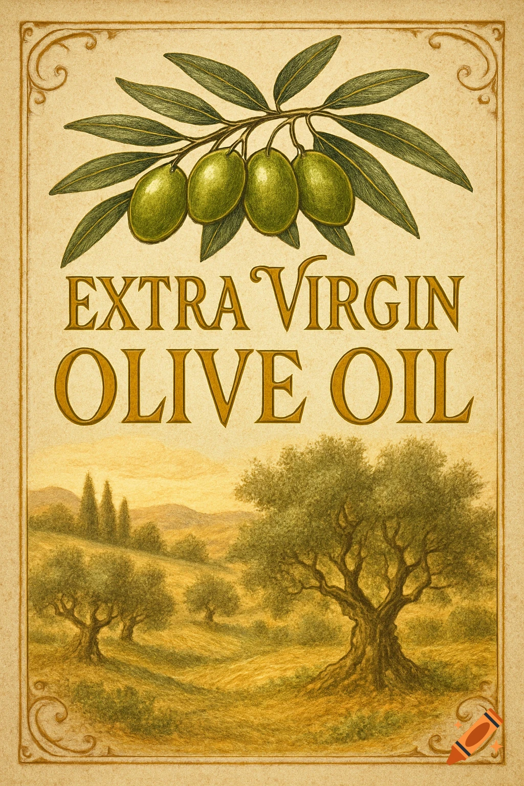 An illustrated vintage-style label for extra virgin olive oil, featuring an olive branch with green olives and an olive grove landscape.