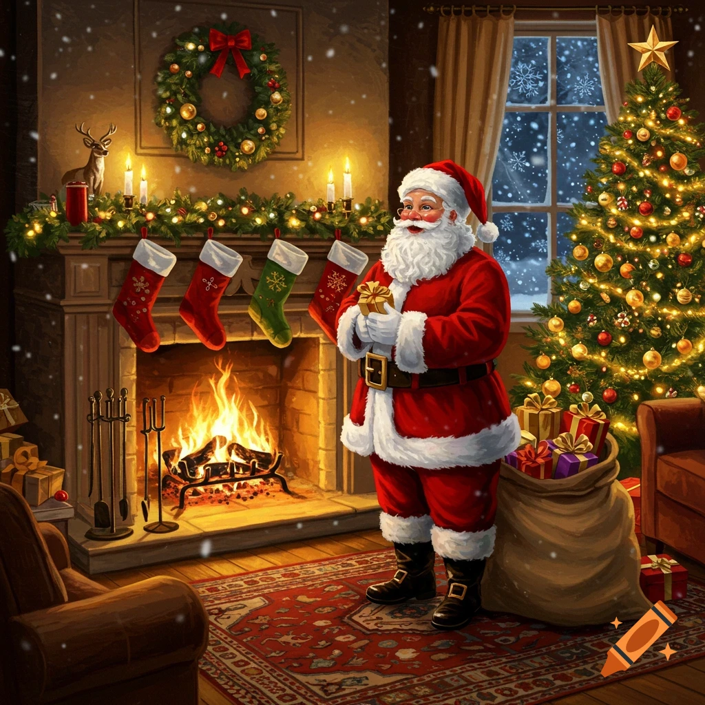 Santa Claus holds a gift in a cozy, decorated living room with a fireplace, a Christmas tree, and snow falling outside the window.