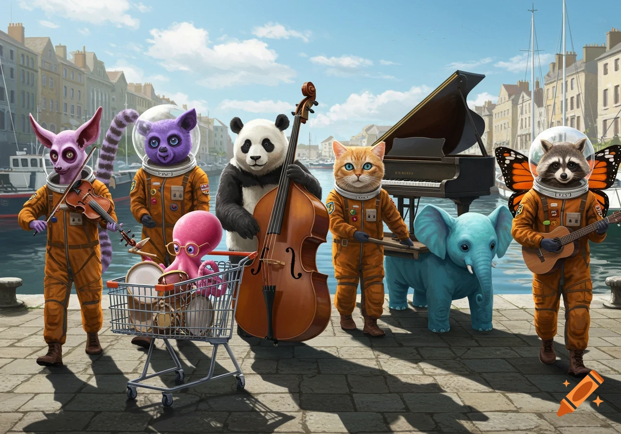An anthropomorphic animal band in astronaut suits plays instruments on a sunny dock. A lemur plays violin, a panda plays double bass, an octopus plays drums in a shopping cart, a cat plays xylophone, and a raccoon with butterfly wings plays guitar. A piano and a small blue elephant are also on the dock with buildings and boats in the background.