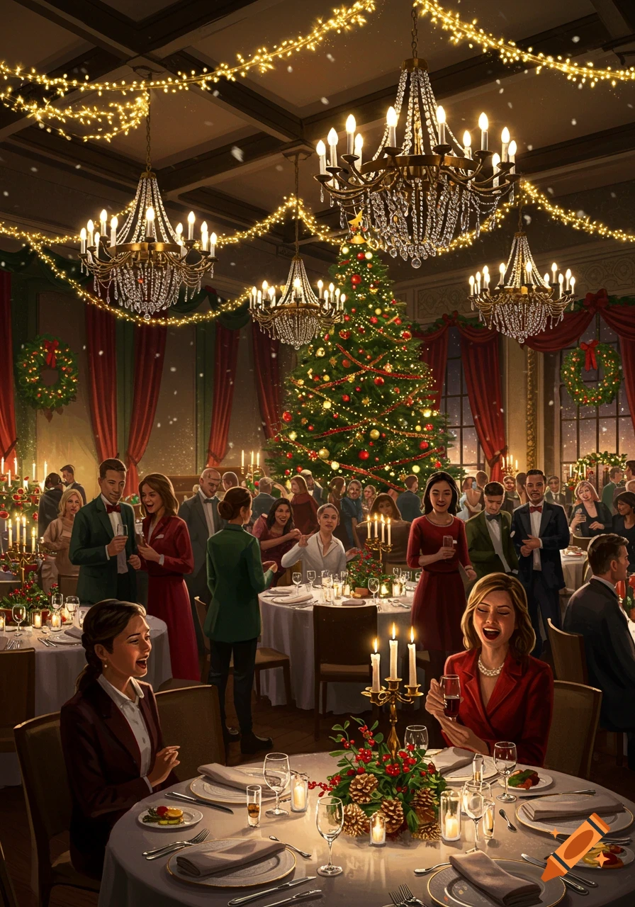 A festive Christmas party in a grand hall with chandeliers, string lights, a large decorated tree, and guests enjoying the celebration.