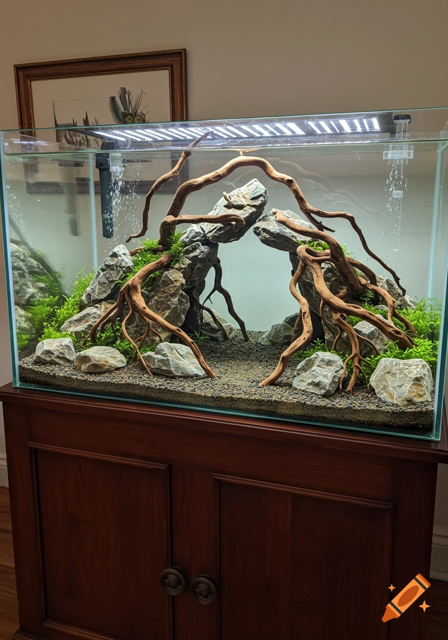 A large aquascaped aquarium featuring driftwood arranged in an arch, rocks, and aquatic plants on a wooden cabinet.