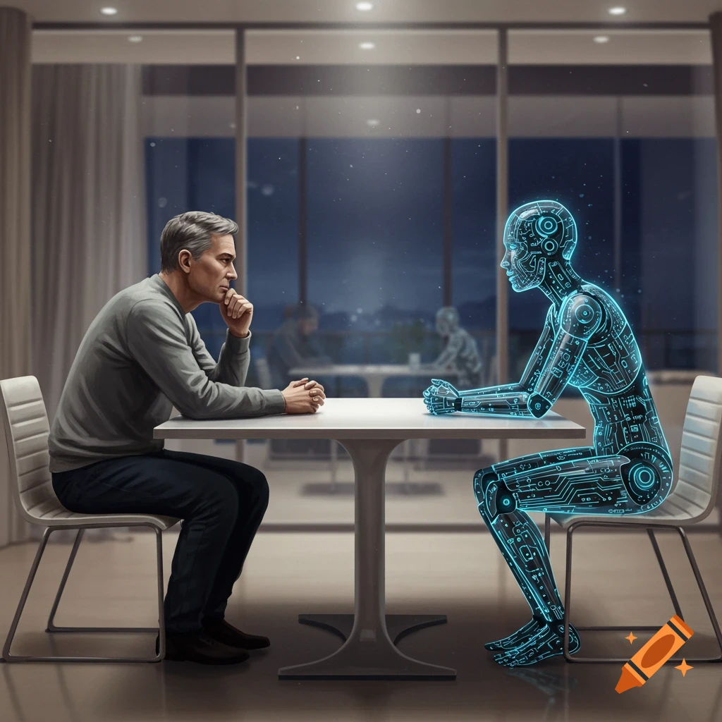 A man and a glowing, blue, circuit-patterned AI figure sit opposite each other at a table in a modern room with a city night view.