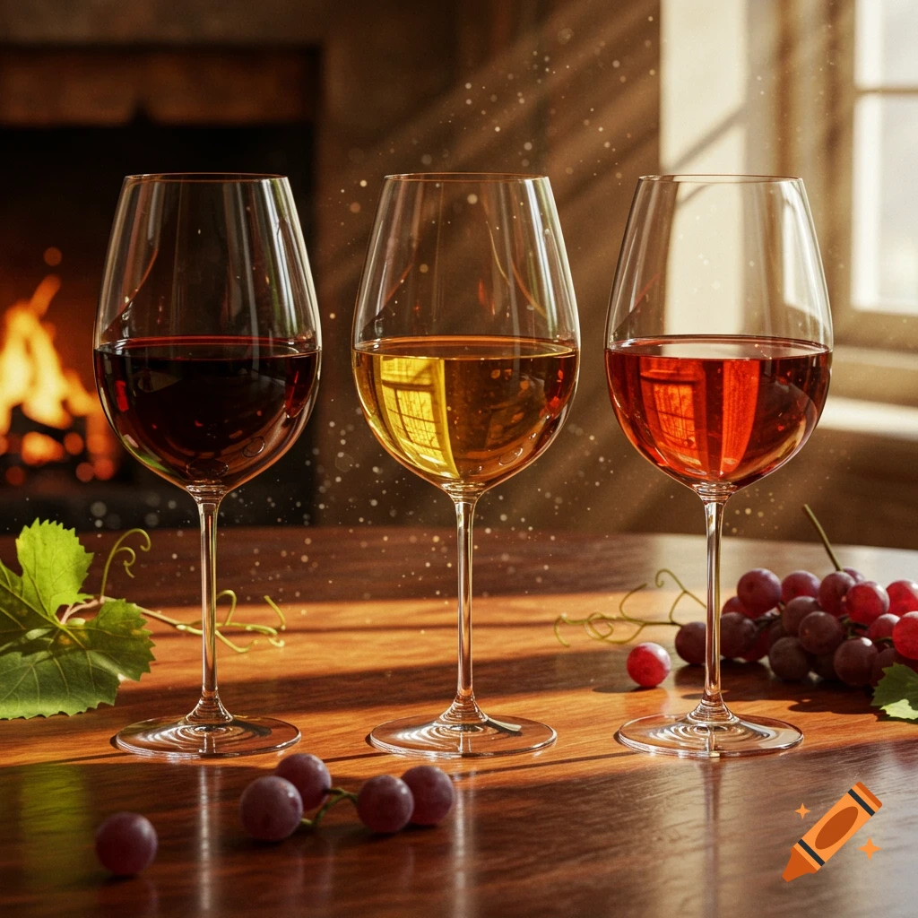 Three glasses of red, white, and ros e wine on a wooden table with grapes and a cozy fireplace in the background, photorealistic style.