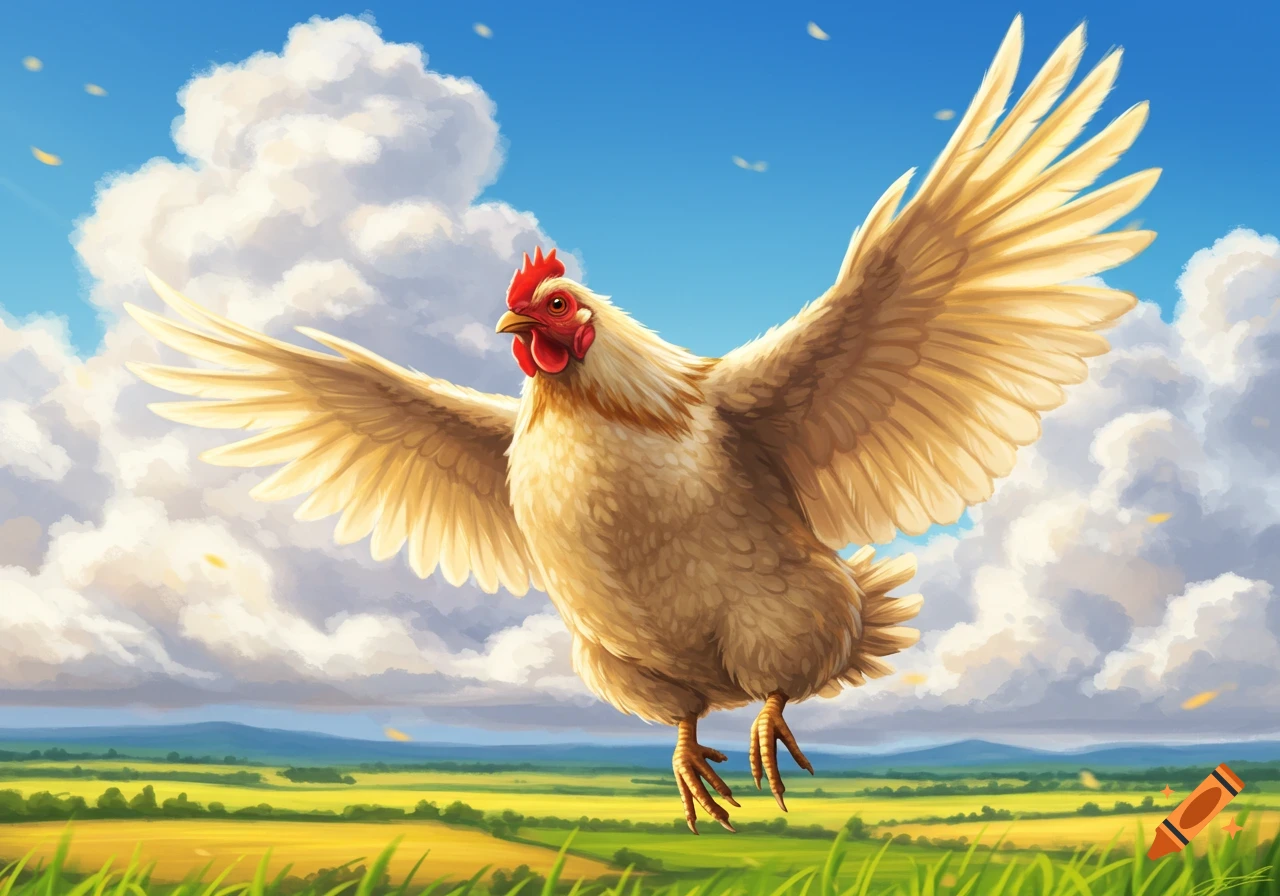 A beige chicken with wide wings flies over a green and yellow field under a bright blue sky with large white clouds, in an illustrative style.