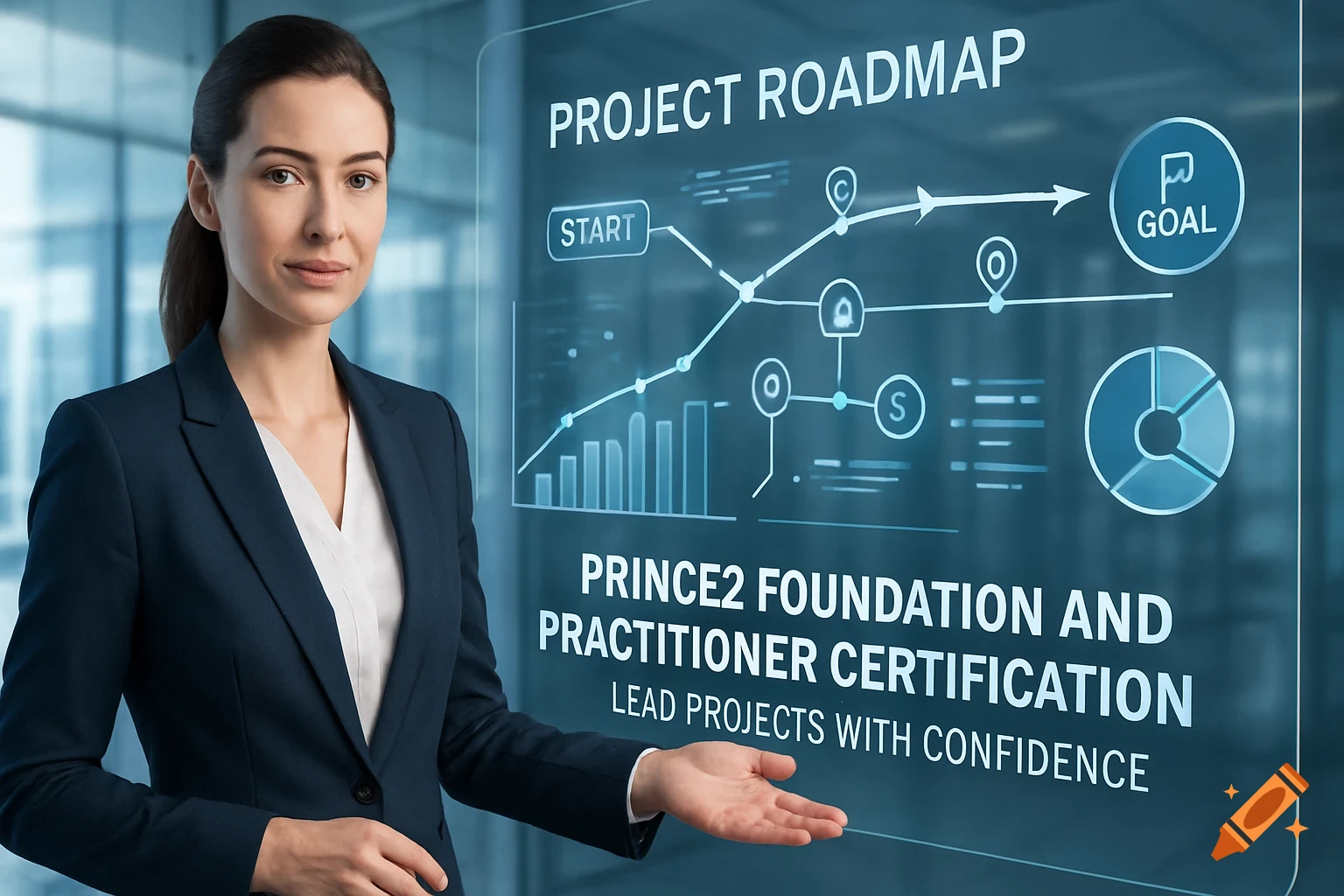 A professional woman presents a digital project roadmap with charts and text overlays in a modern glass office.