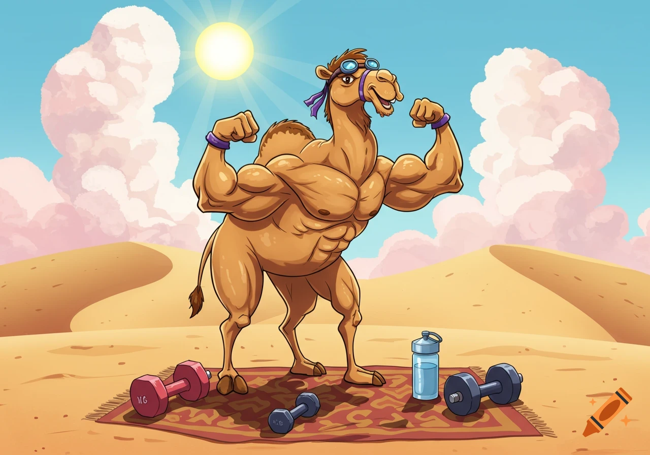 A muscular, cartoon camel wearing goggles and a headband flexes its biceps in a desert. Dumbbells and a water bottle rest on a rug on the sand.