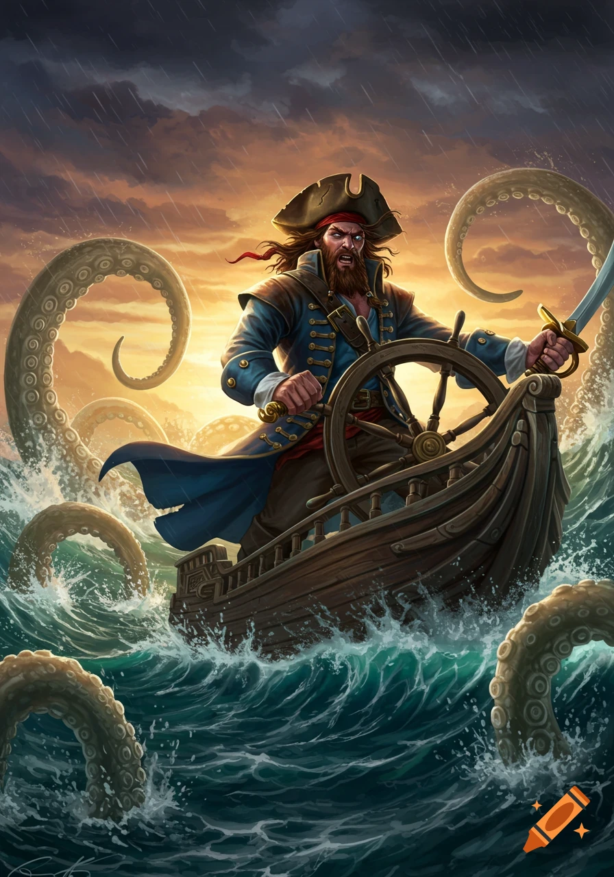 A fierce pirate, steering a small boat in stormy seas, battles a giant kraken with tentacles rising from the waves.