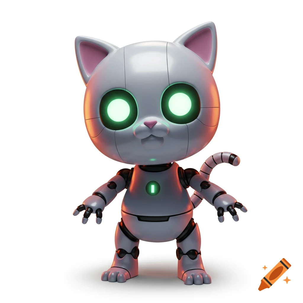 A cute, gray, futuristic robotic cat with glowing green eyes and a small green light on its chest, standing on a white background.