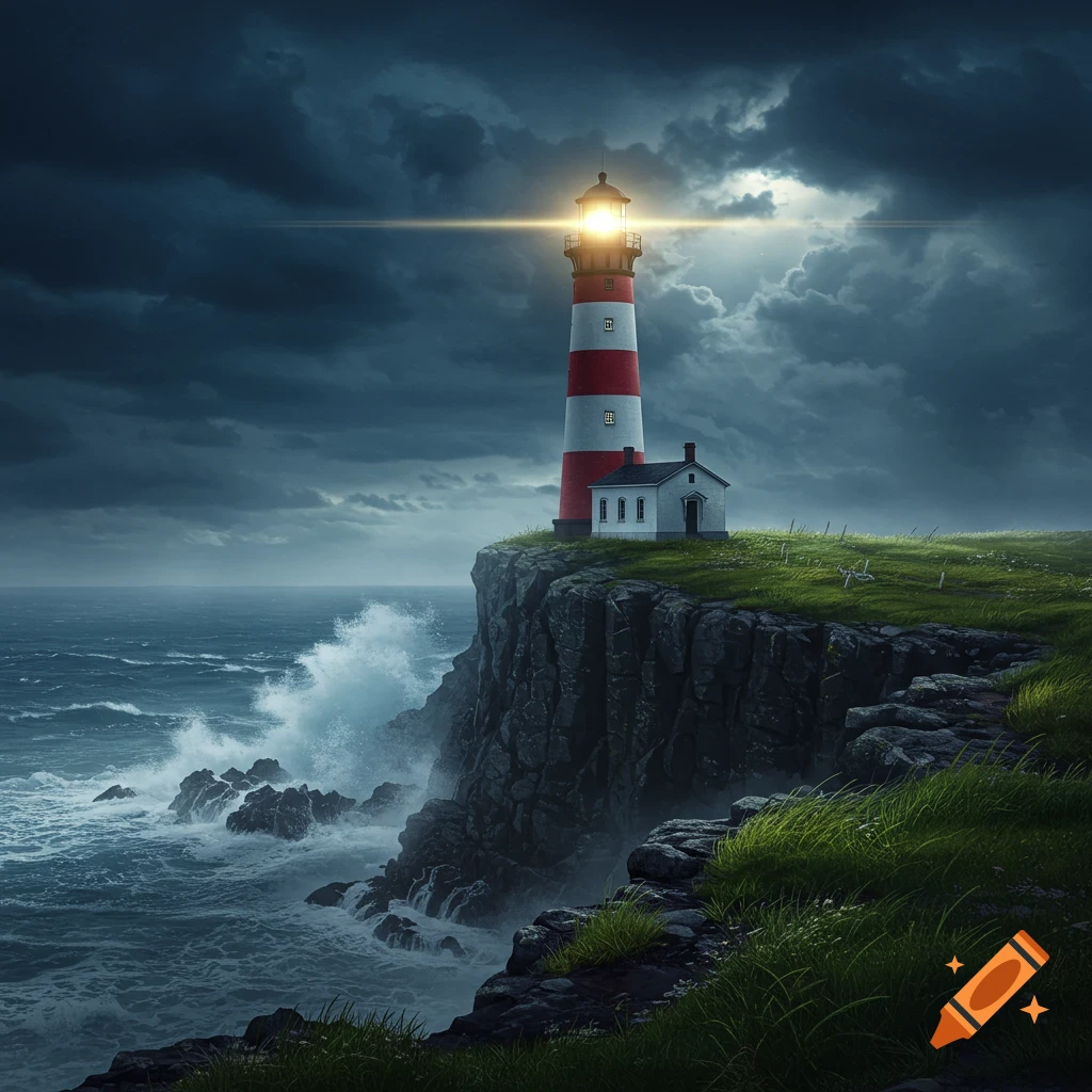 A red and white lighthouse shines its light from a grassy cliff above a stormy sea under dark, dramatic clouds. Photorealistic style.