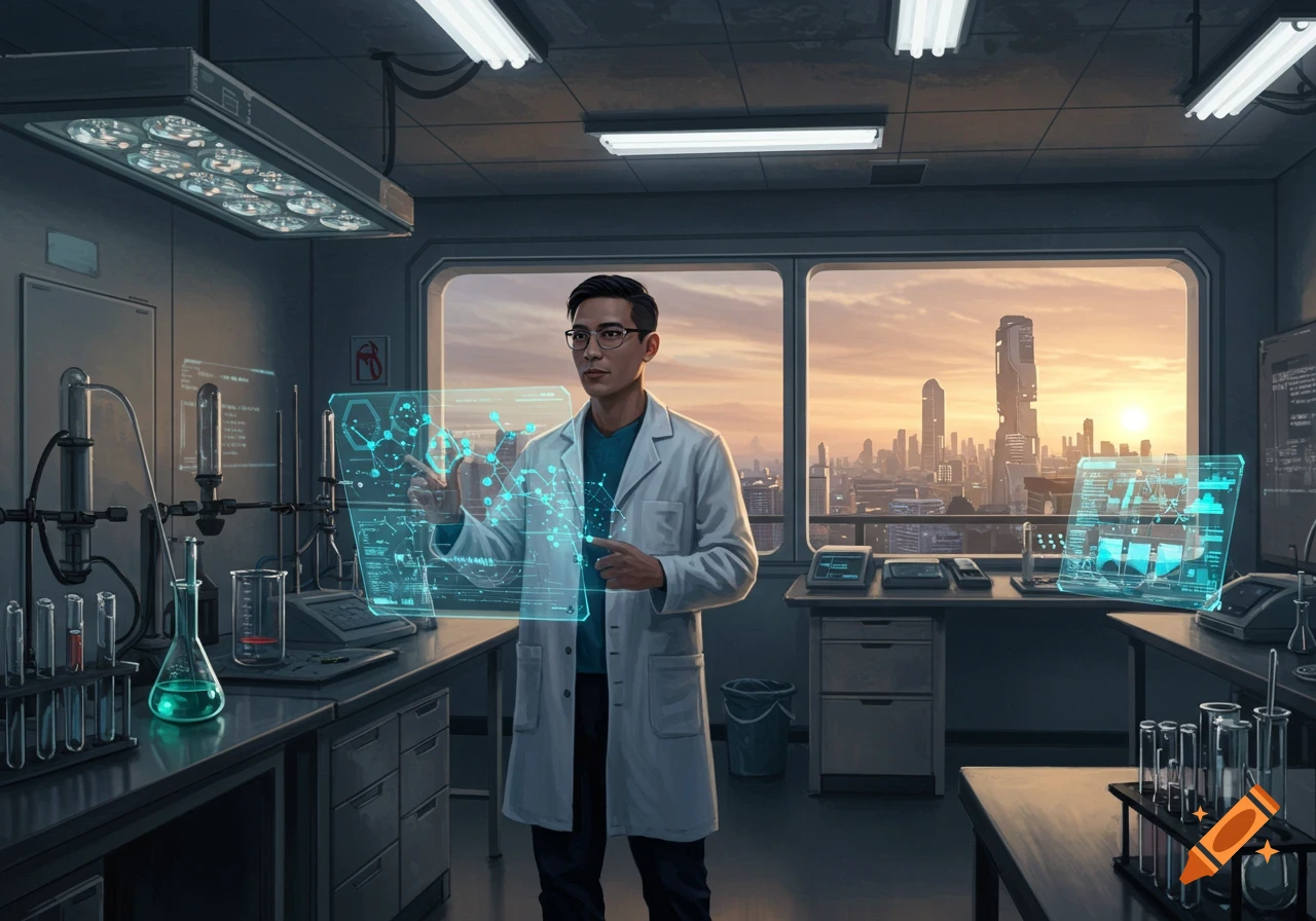 Male scientist in a futuristic lab interacting with holographic displays, city sunset visible through the window.