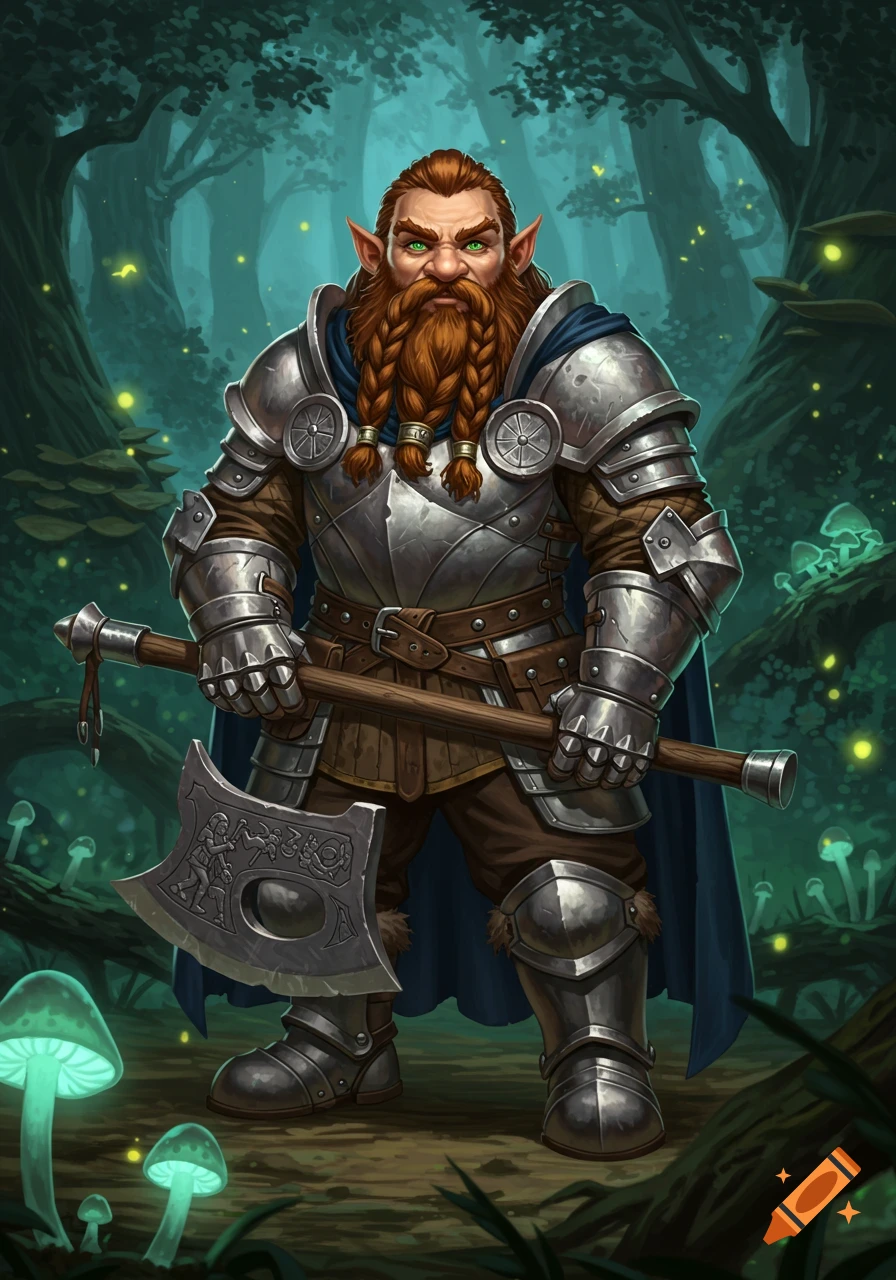 A muscular fantasy gnome in silver plate armor with a braided red beard and glowing green eyes, holding an axe in a glowing forest.