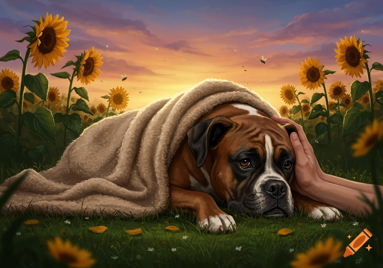 A somber boxer dog under a blanket gets its head petted in a sunflower field at sunset, in a painted style.