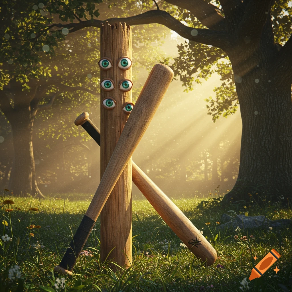 A wooden pole with multiple green eyes and two baseball bats stands upright in a sunlit forest.