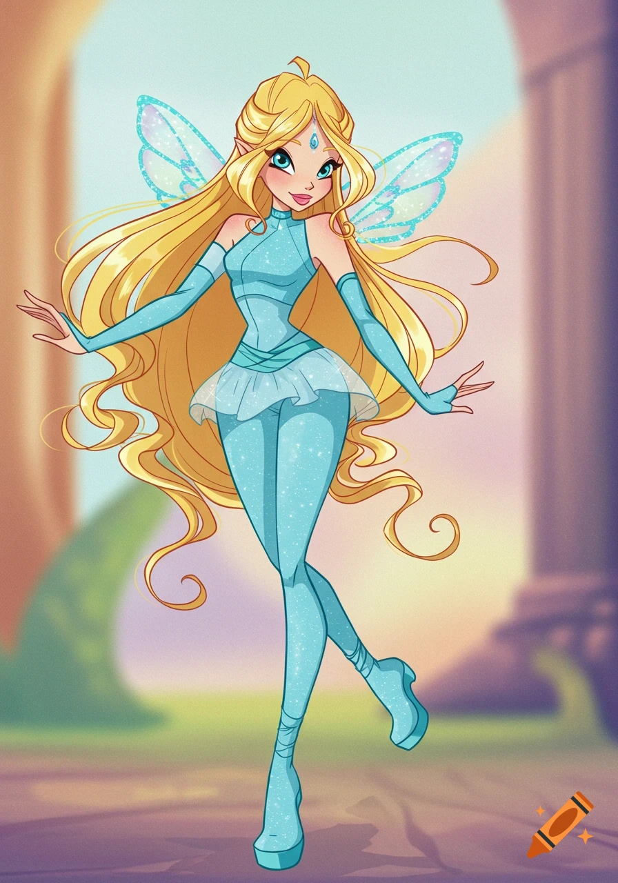 A Winx Club style fairy with long blonde hair, blue eyes, and a sparkly azure outfit with light blue wings, standing in a cartoon setting.