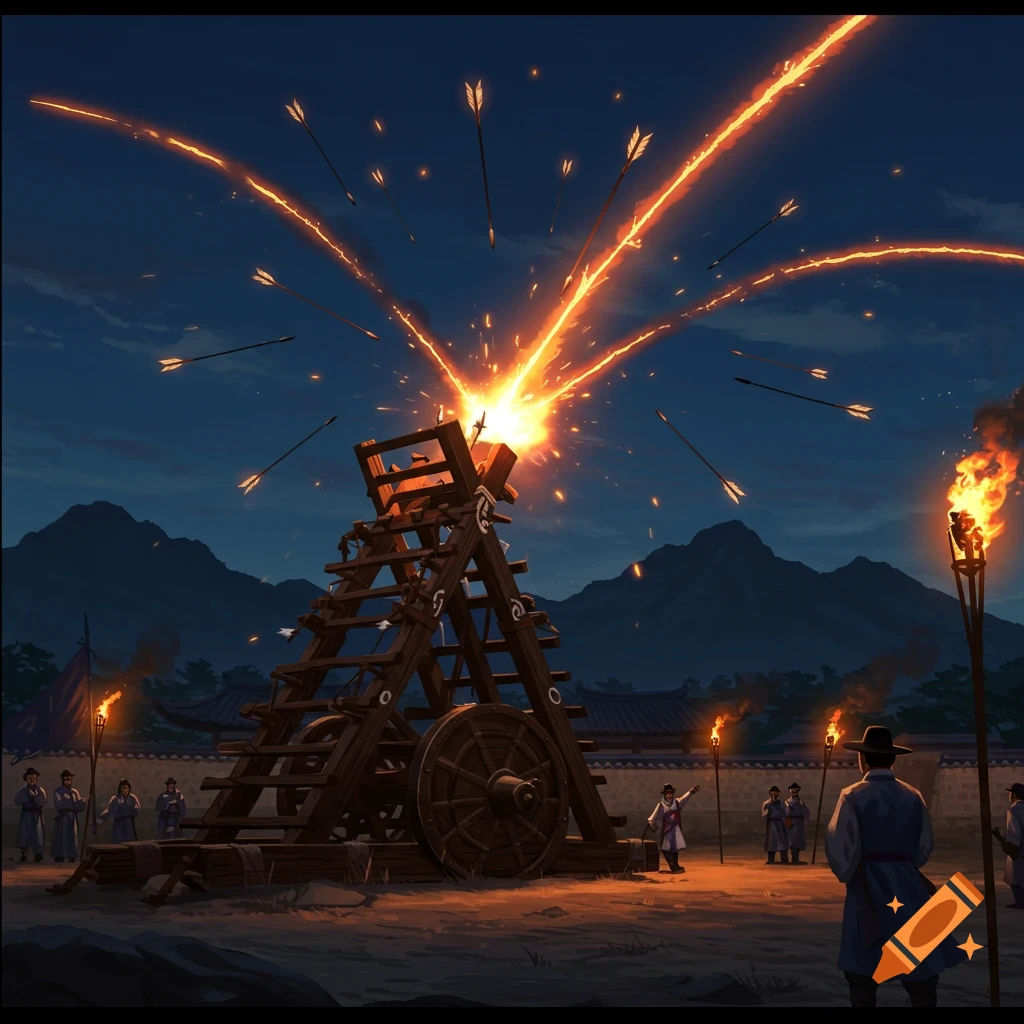 A hwacha fires glowing projectiles and arrows into the night sky, with people in traditional clothing watching nearby.