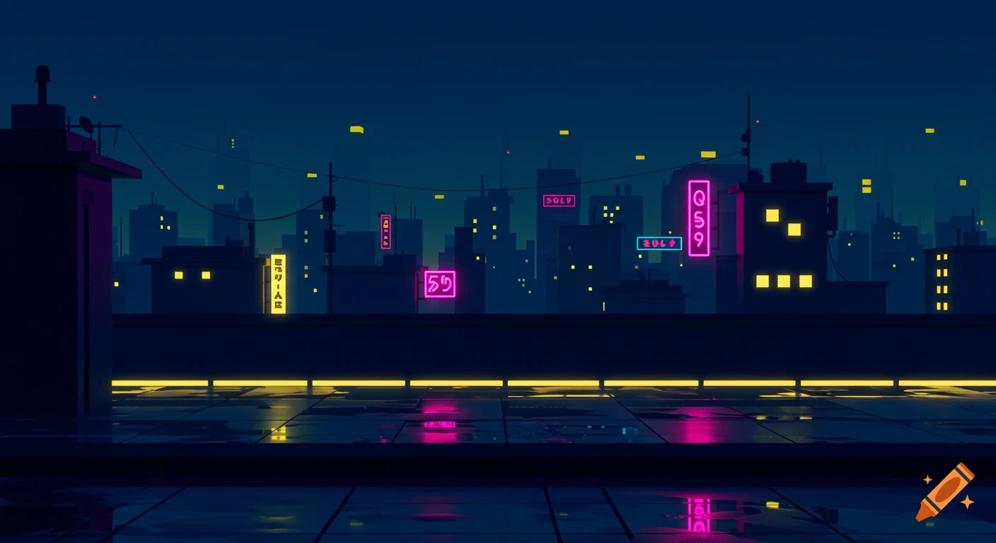 A minimalist, dark blue cyberpunk cityscape at night with neon pink and yellow signs reflecting on a wet rooftop.
