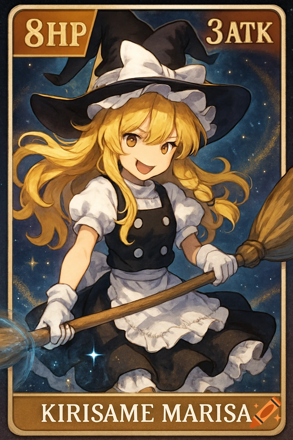 An anime-style trading card of Kirisame Marisa, a blonde witch-girl in a maid outfit, holding a broom against a starry background. The card shows 8HP and 3ATK stats.