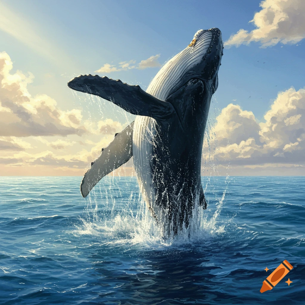 A large humpback whale breaches majestically out of the blue ocean water, creating splashes, under a bright sky with clouds.