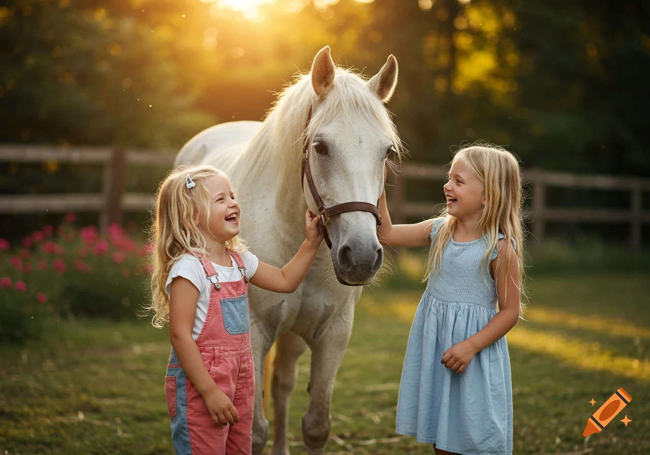 Two laughing blonde girls pet a white horse in a sunny field with a fence and flowers in the background. Photorealistic style.